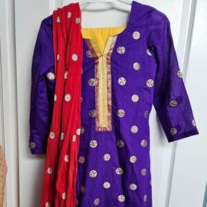 Purple custom ensemble with yellow contrast pajama, gold accents and red dupatta